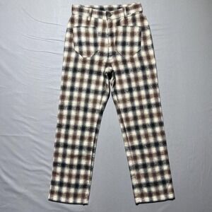 Lykke‎ Wullf Forest Brown Plaid Straight Leg Cotton Pants Size XS Waist 24